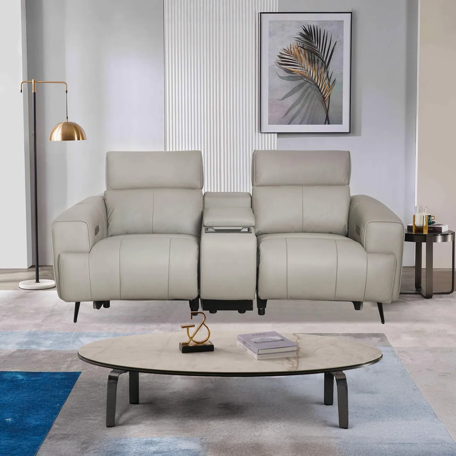 Causeuse électrique inclinable en cuir véritable avec console