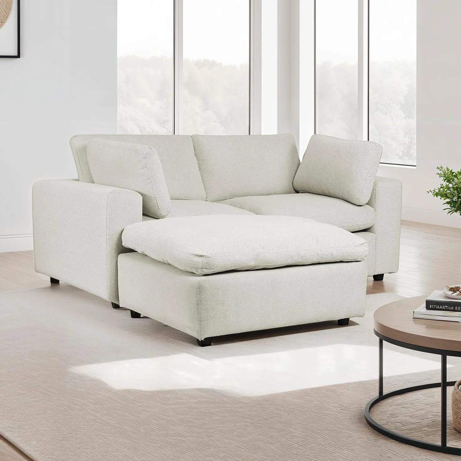 Causeuse modulaire avec ottoman beige- 5 mcx