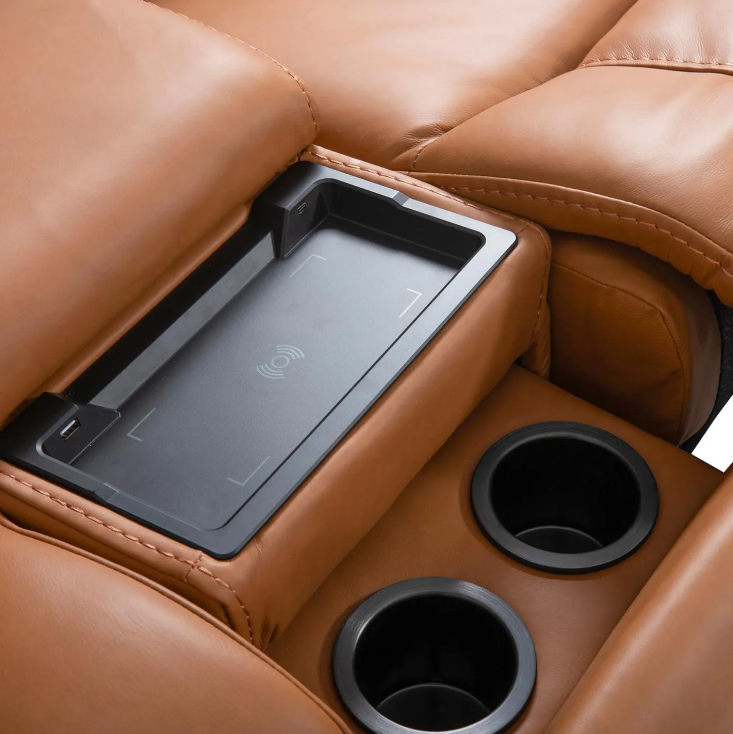 Causeuse modulaire inclinable électrique en cuir véritable avec appuis-tête ajustables, console et porte-gobelets rétractables - 3 mcx