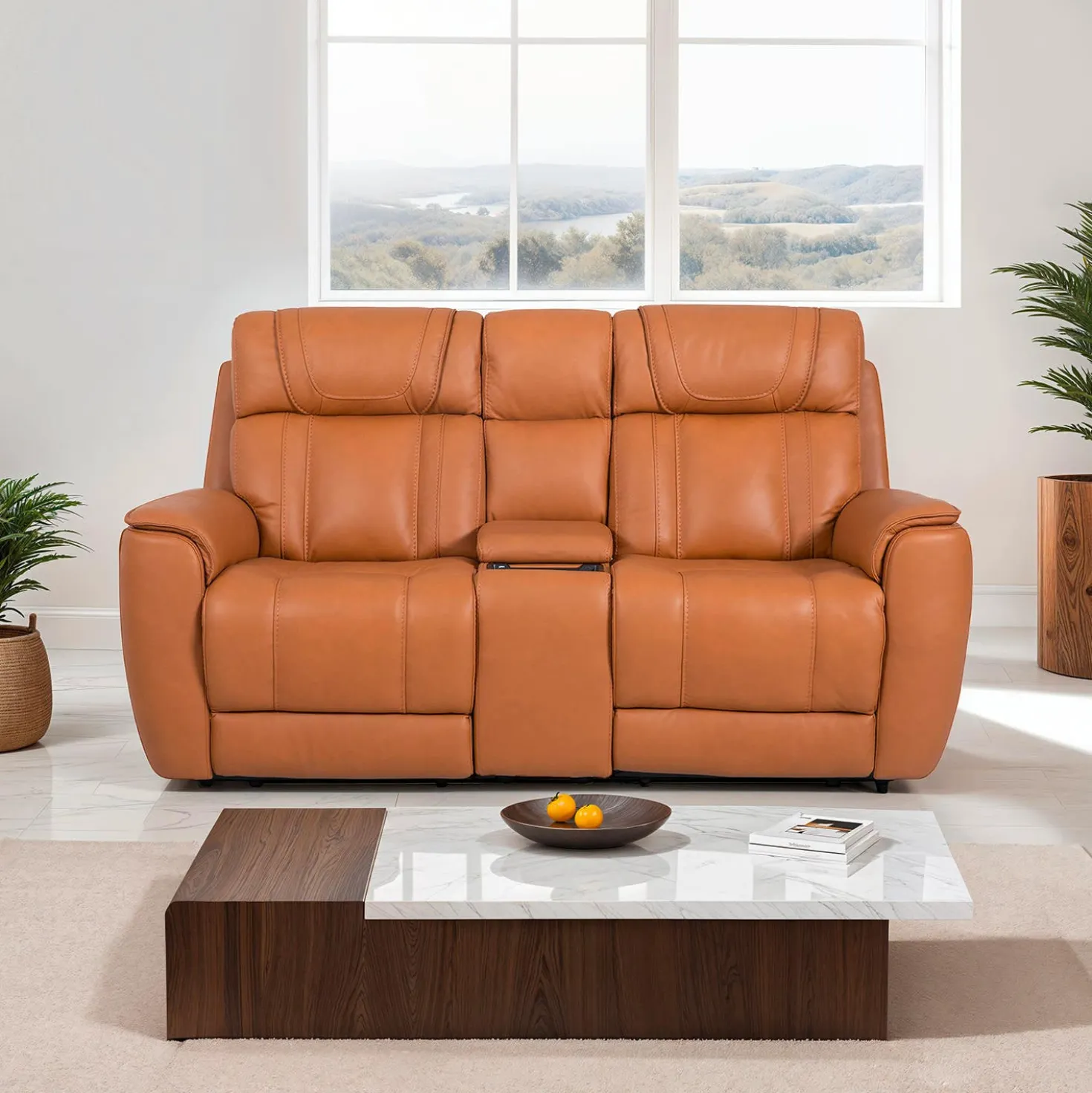 Causeuse modulaire inclinable électrique en cuir véritable avec appuis-tête ajustables, console et porte-gobelets rétractables - 3 mcx