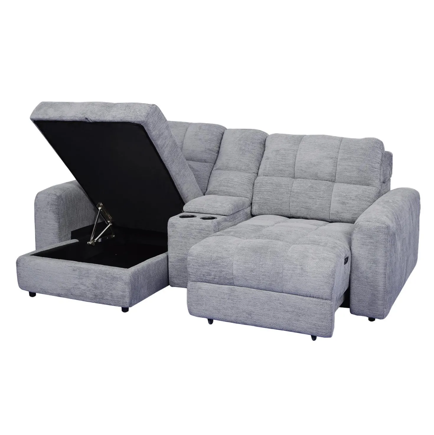 Causeuse modulaire électrique avec siège coulissant à droite, chaise longue à gauche avec rangement et console - 3 mcx