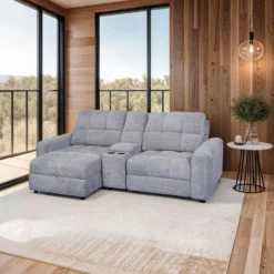 Causeuse modulaire électrique avec siège coulissant à droite, chaise longue à gauche avec rangement et console - 3 mcx