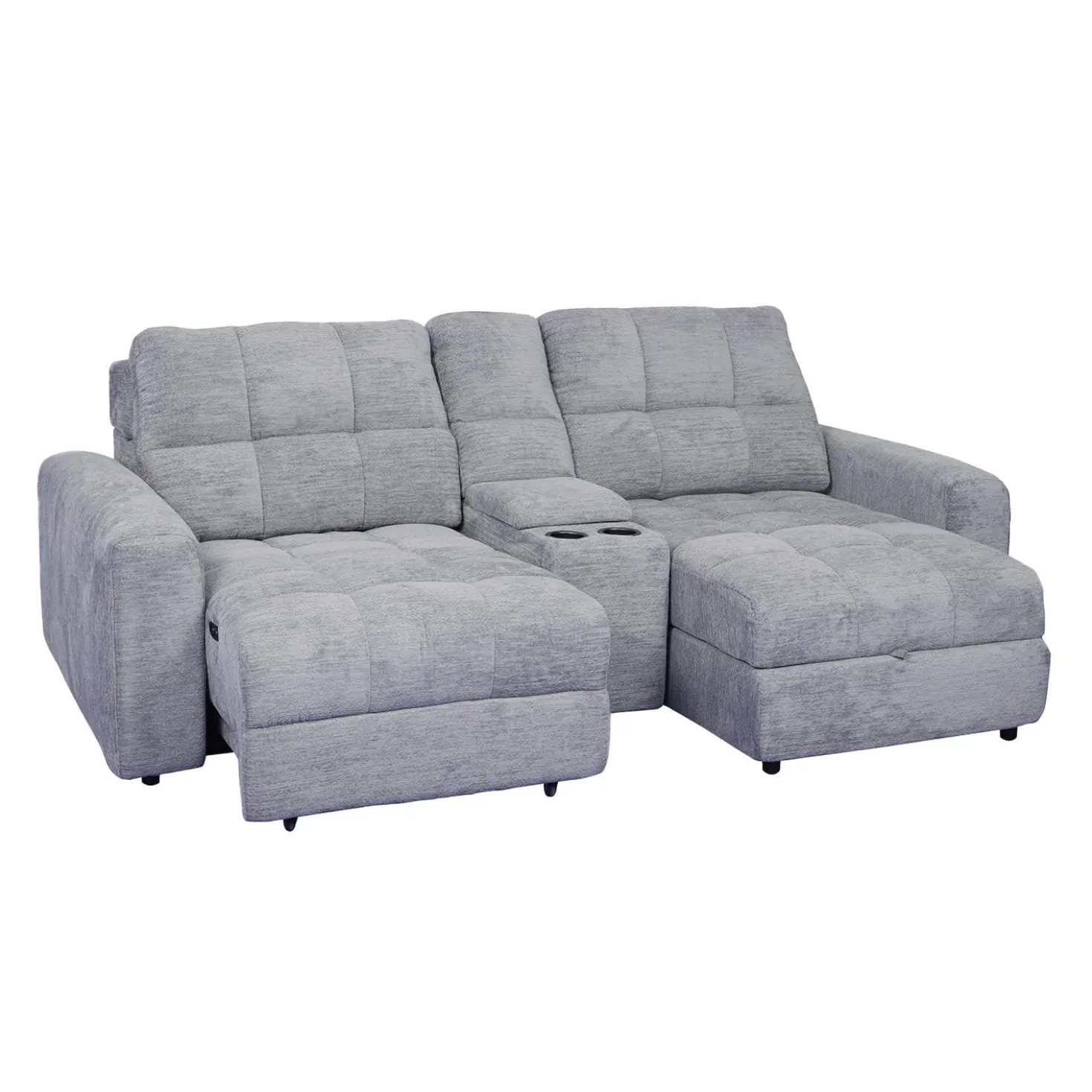Causeuse modulaire électrique avec siège coulissant à gauche, chaise longue à droite avec rangement et console - 3 mcx