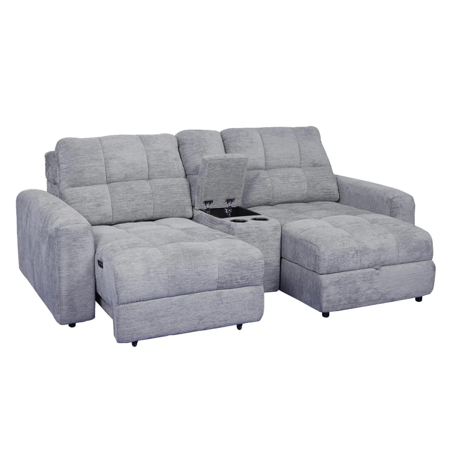 Causeuse modulaire électrique avec siège coulissant à gauche, chaise longue à droite avec rangement et console - 3 mcx