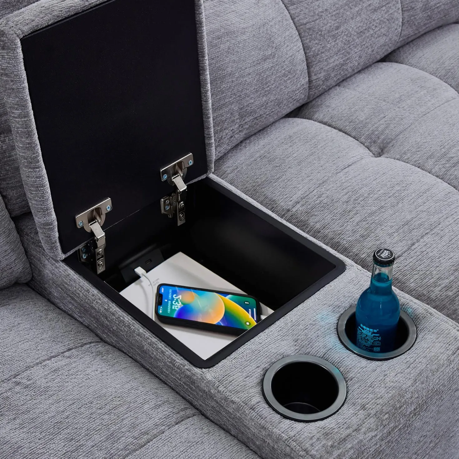 Causeuse modulaire électrique avec siège coulissant à gauche, chaise longue à droite avec rangement et console - 3 mcx