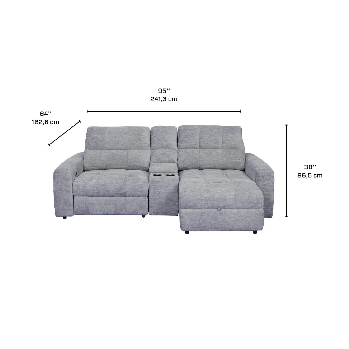 Causeuse modulaire électrique avec siège coulissant à gauche, chaise longue à droite avec rangement et console - 3 mcx