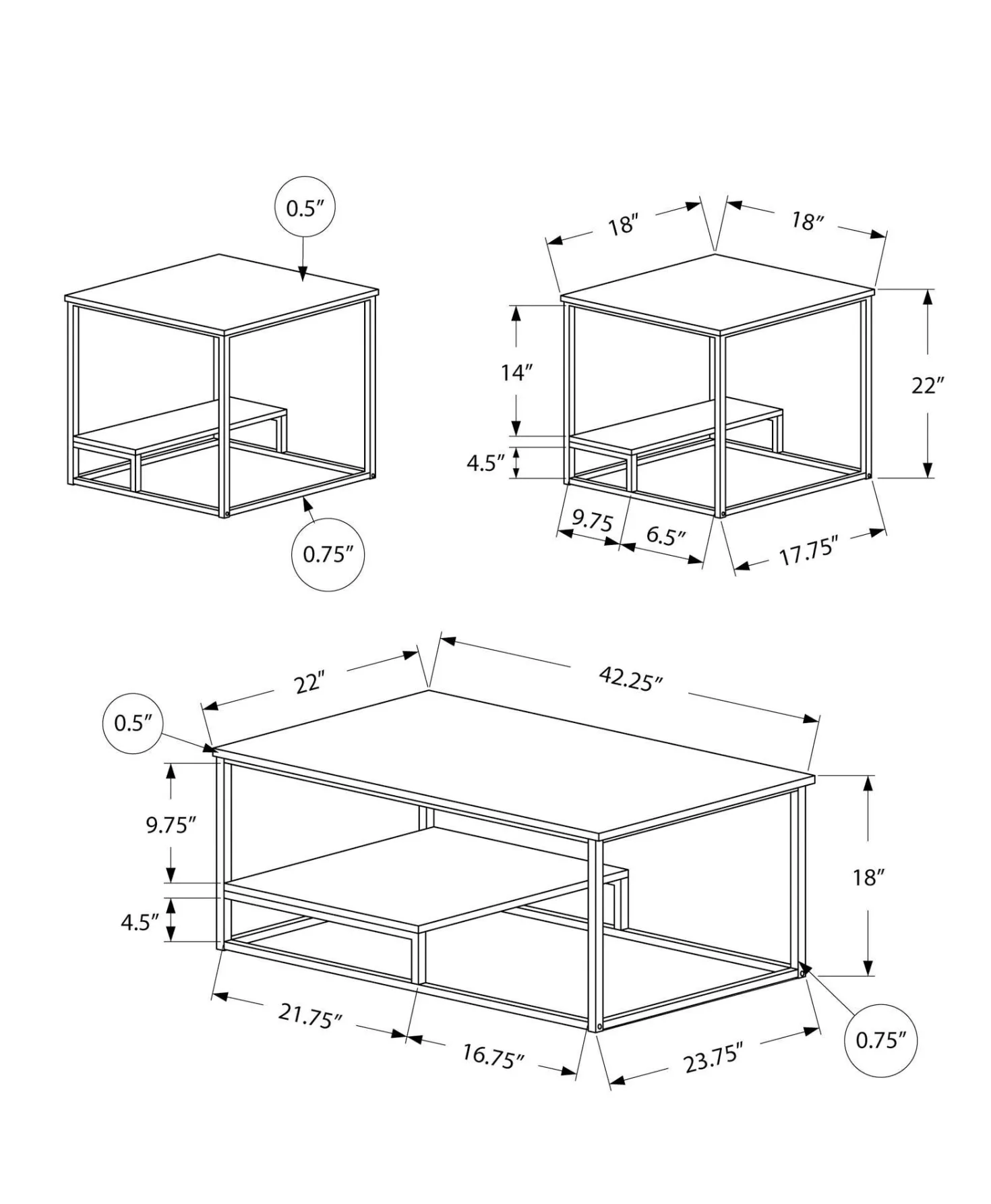 Ens de tables - 3mcx, blanc, métal argent - Monarch