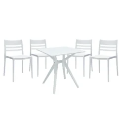 Ensemble à dîner d'extérieur en résine avec 1 table carrée et 4 chaises empilables - blanc