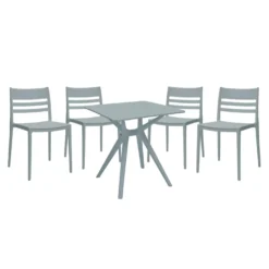 Ensemble à dîner d'extérieur en résine avec 1 table carrée et 4 chaises empilables - gris