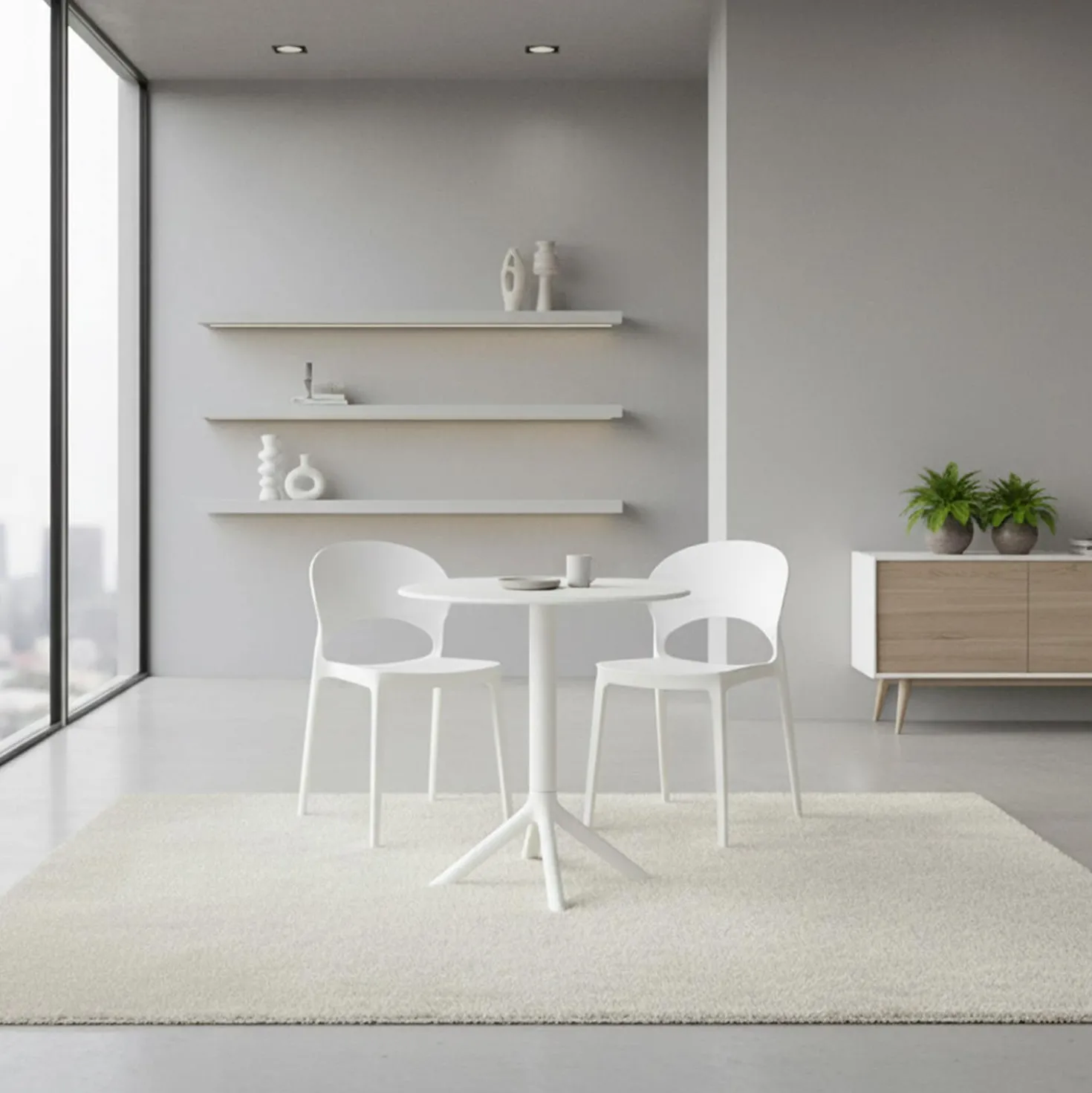 Ensemble à dîner intérieur/extérieur en résine avec table ronde et 2 chaises empilables - blanc