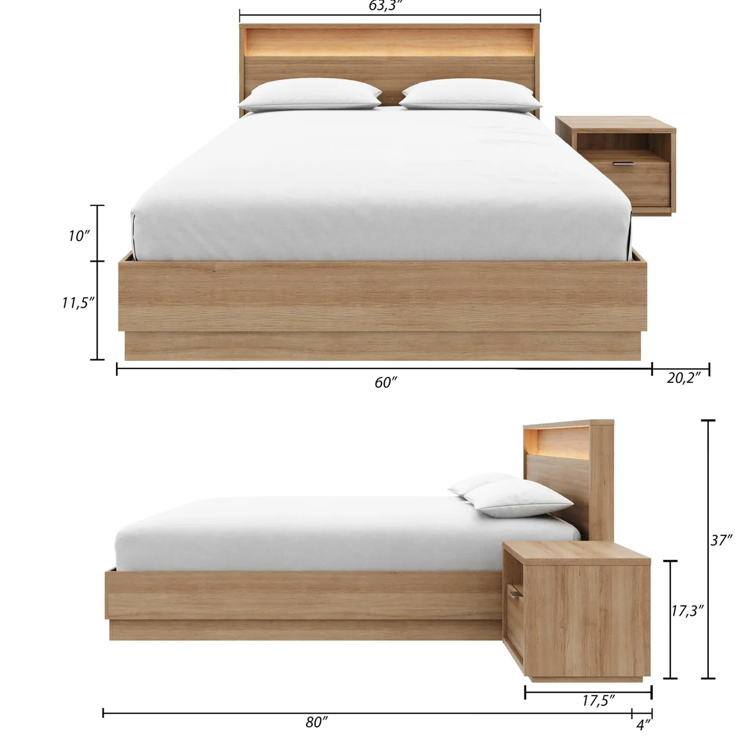 Ensemble grand lit avec éclairage (60") - 3 mcx - Nexera