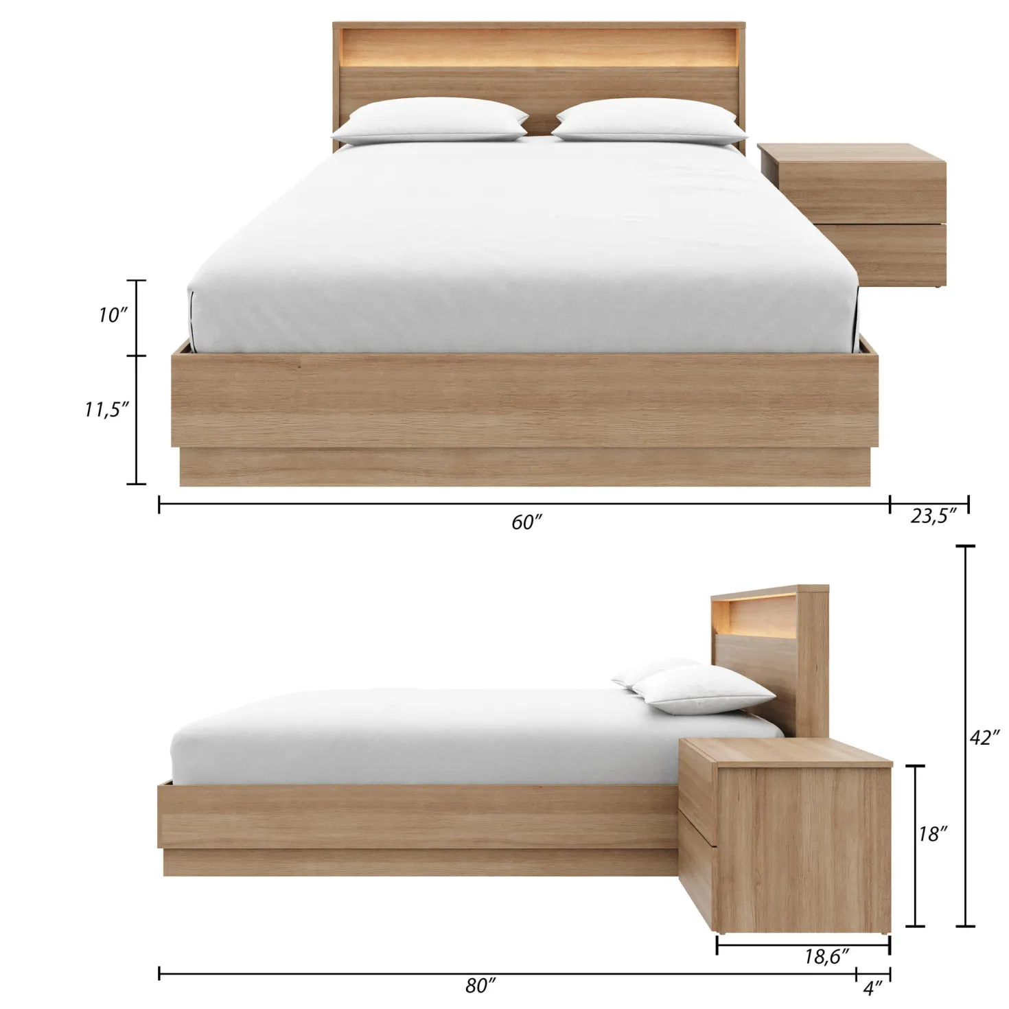Ensemble grand lit avec éclairage (60") - 3 mcx - Nexera