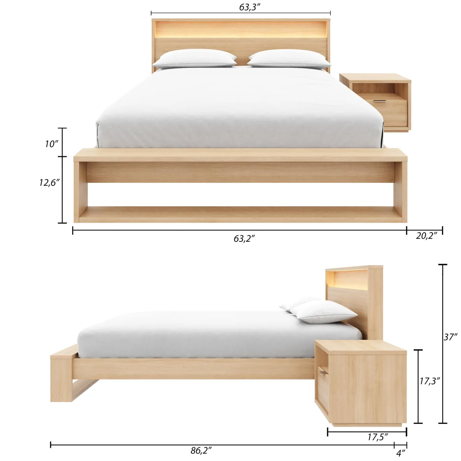 Ensemble grand lit avec éclairage (60") - 3 mcx - Nexera