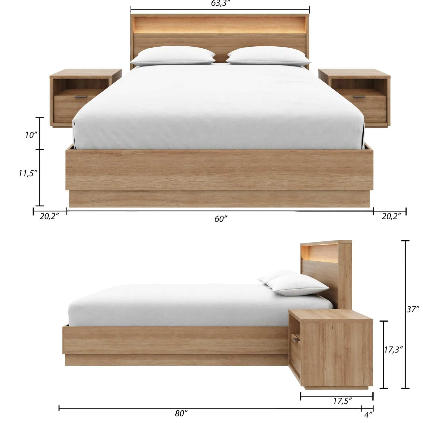 Ensemble grand lit avec éclairage (60") - 4 mcx - Nexera
