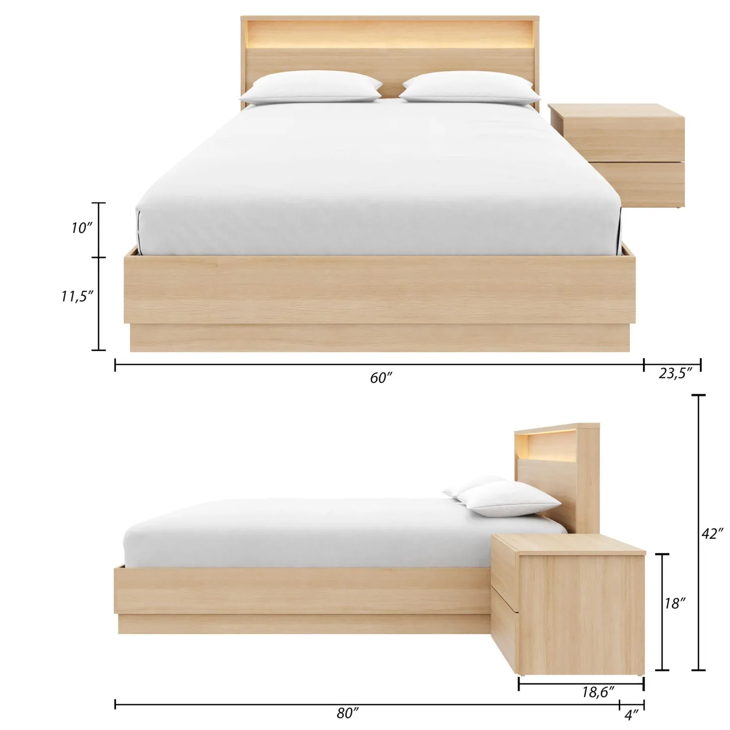 Ensemble grand lit avec éclairage (60") - 4 mcx - Nexera