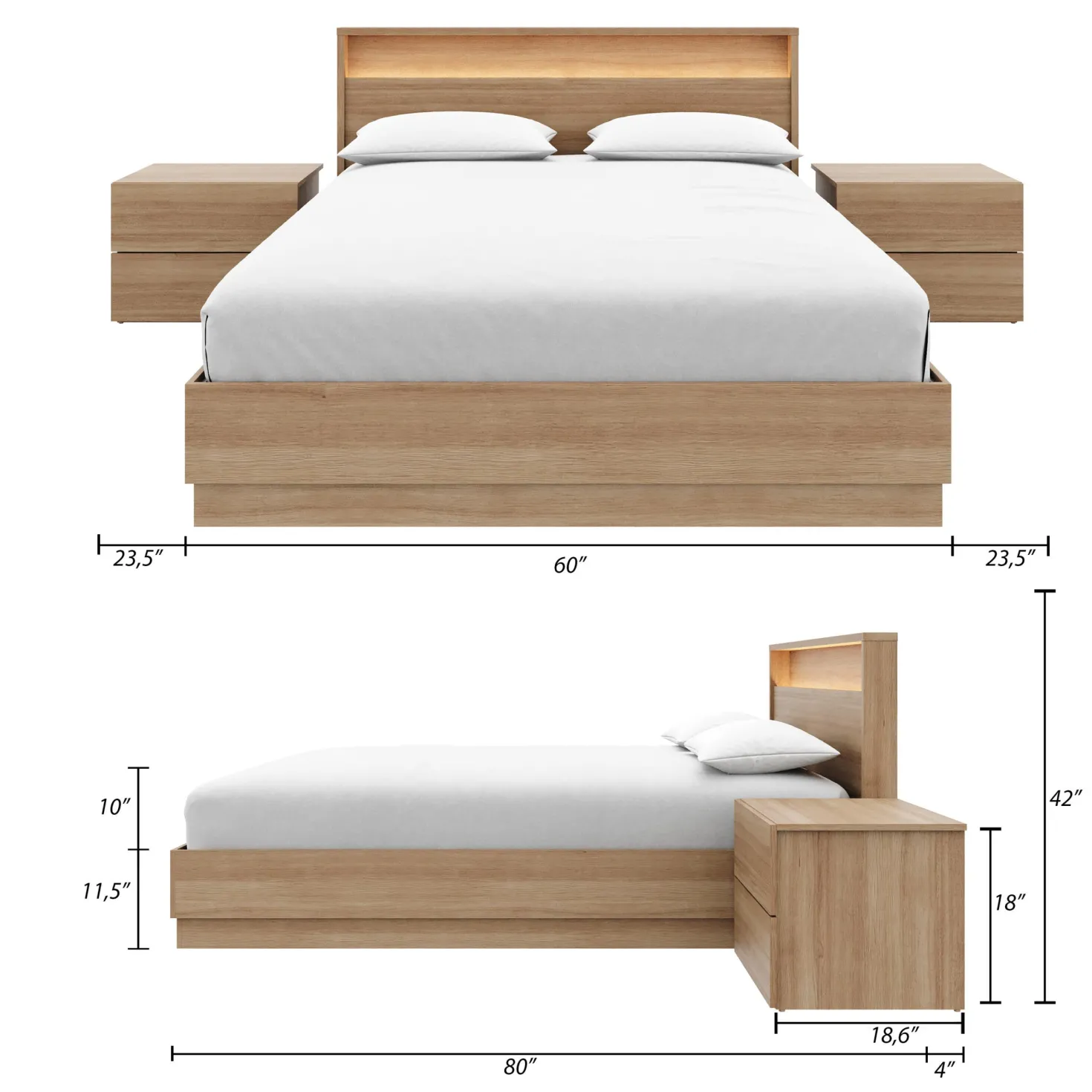 Ensemble grand lit avec éclairage (60") - 4 mcx - Nexera