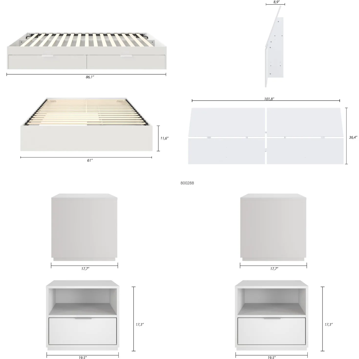 Ensemble grand lit avec rangement 2 tiroirs (60") - 4 mcx - Nexera