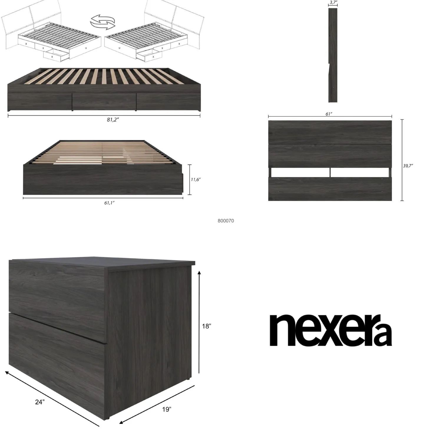 Ensemble grand lit avec rangement (60") - 3 mcx - Nexera