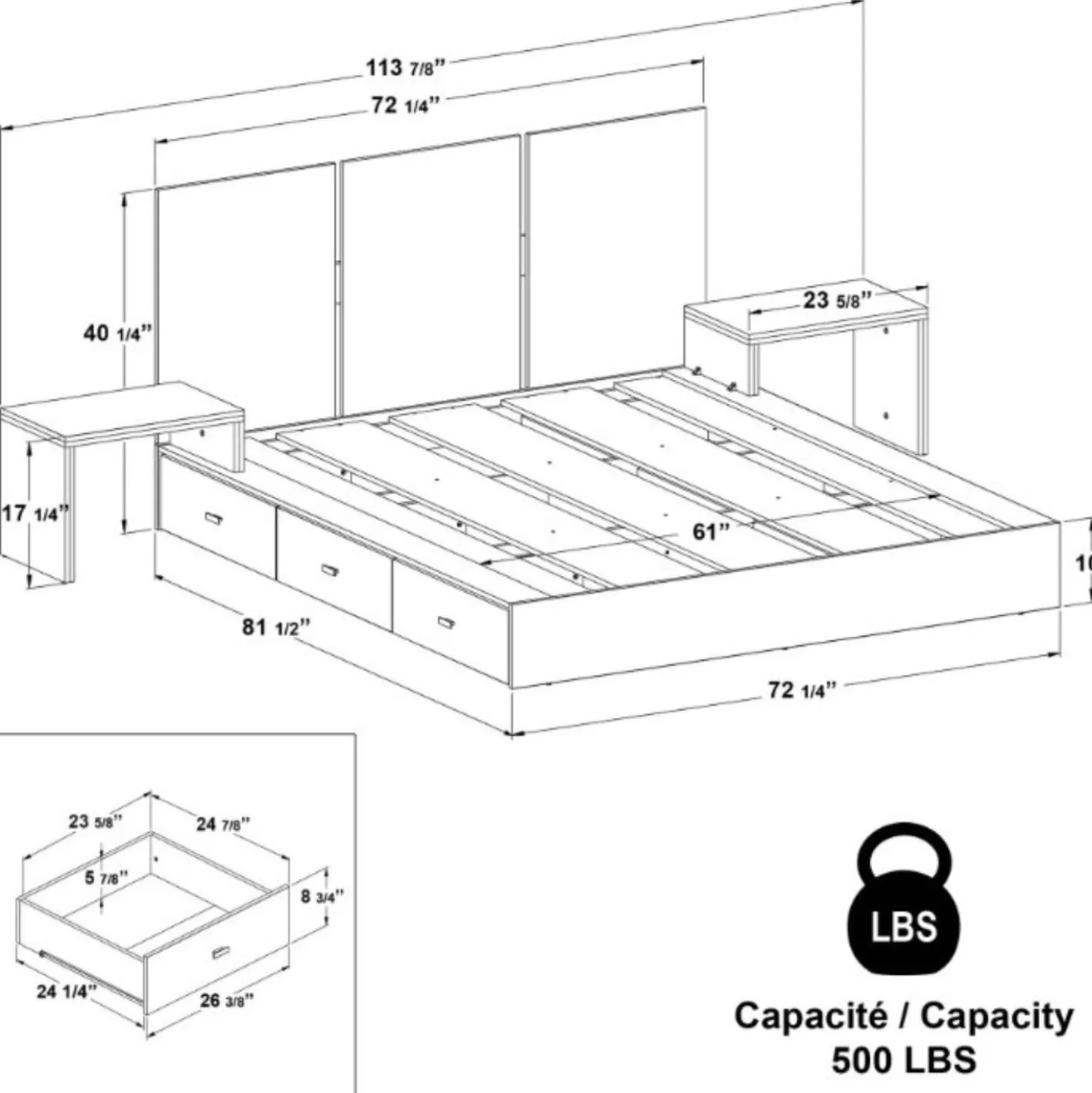 Ensemble grand lit avec 6 tiroirs de rangement (60") - 5 mcx