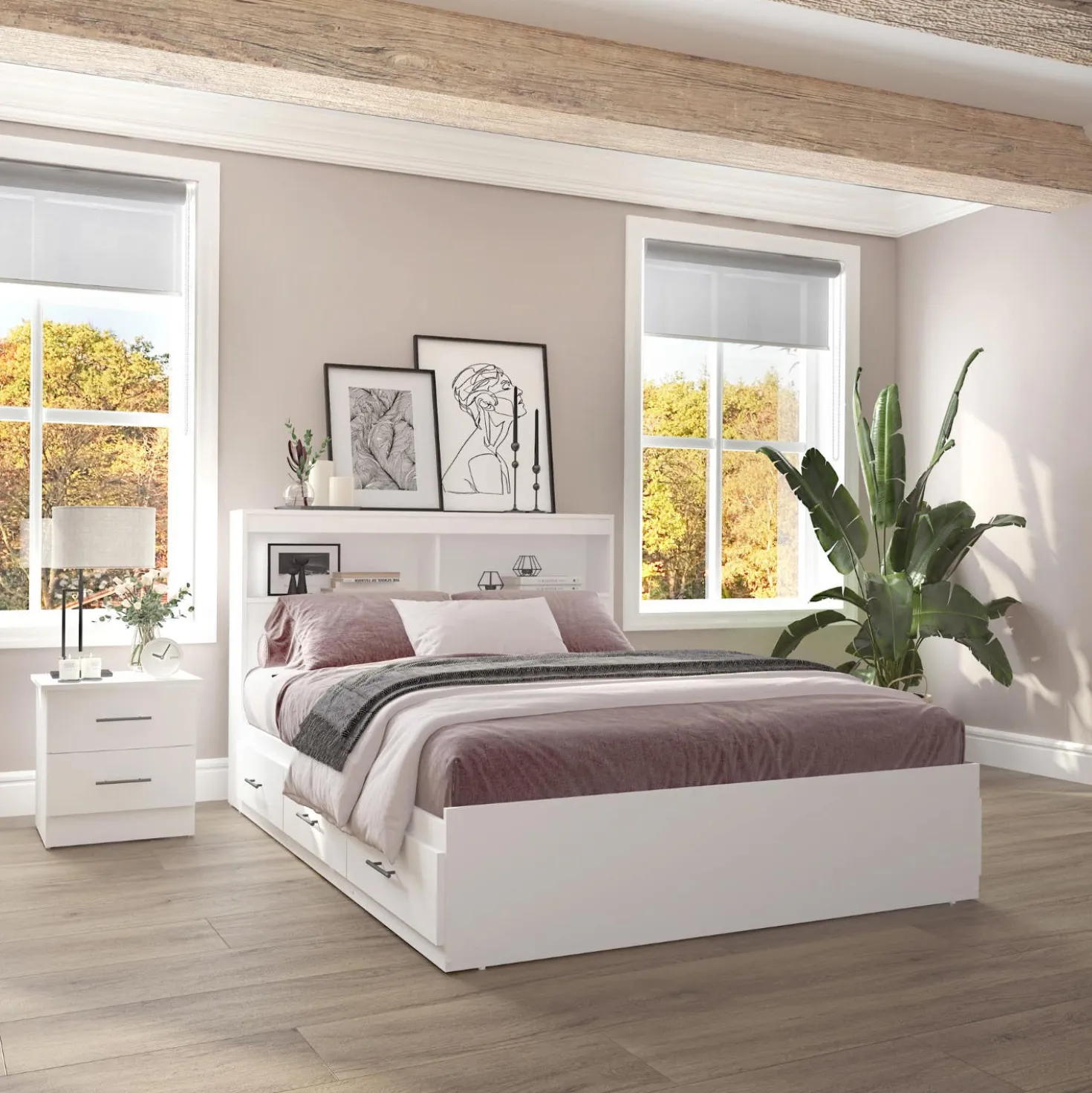 Ensemble lit double avec rangement 6 tiroirs, tête de lit et table de chevet (54")