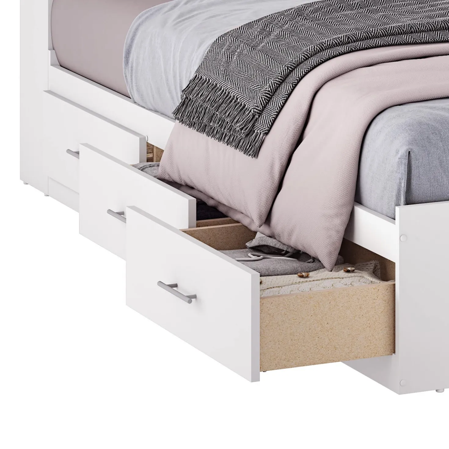 Ensemble lit double avec rangement 6 tiroirs, tête de lit et table de chevet (54")