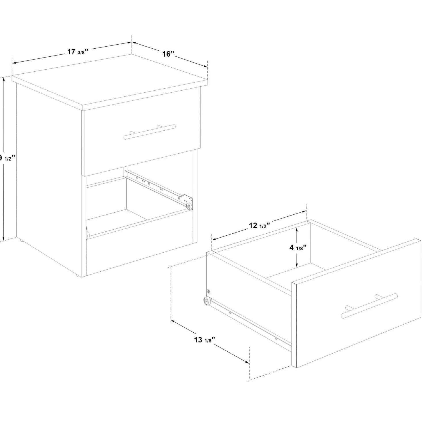 Ensemble lit double avec rangement 6 tiroirs, tête de lit et table de chevet (54")
