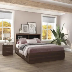 Ensemble lit double avec rangement 6 tiroirs, tête de lit et table de chevet (54")