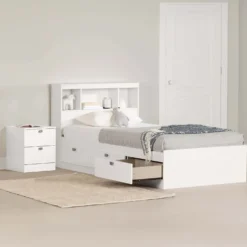 Ensemble lit simple avec rangement 3 tiroirs, tête de lit avec chargement USB et table de chevet (39") - South Shore