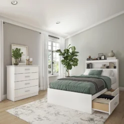 Ensemble lit simple avec rangement 3 tiroirs, tête de lit et commode (39")