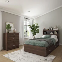 Ensemble lit simple avec rangement 3 tiroirs, tête de lit et commode (39")