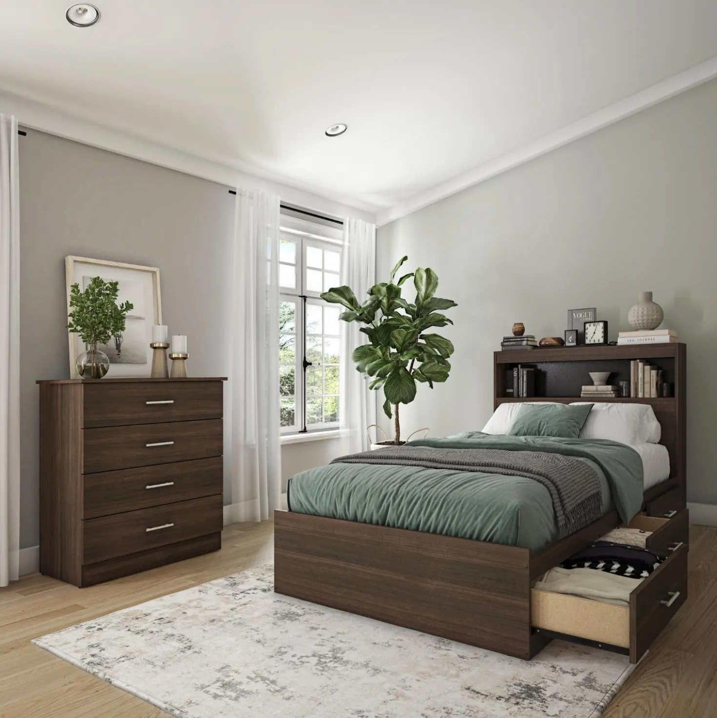 Ensemble lit simple avec rangement 3 tiroirs, tête de lit et commode (39")