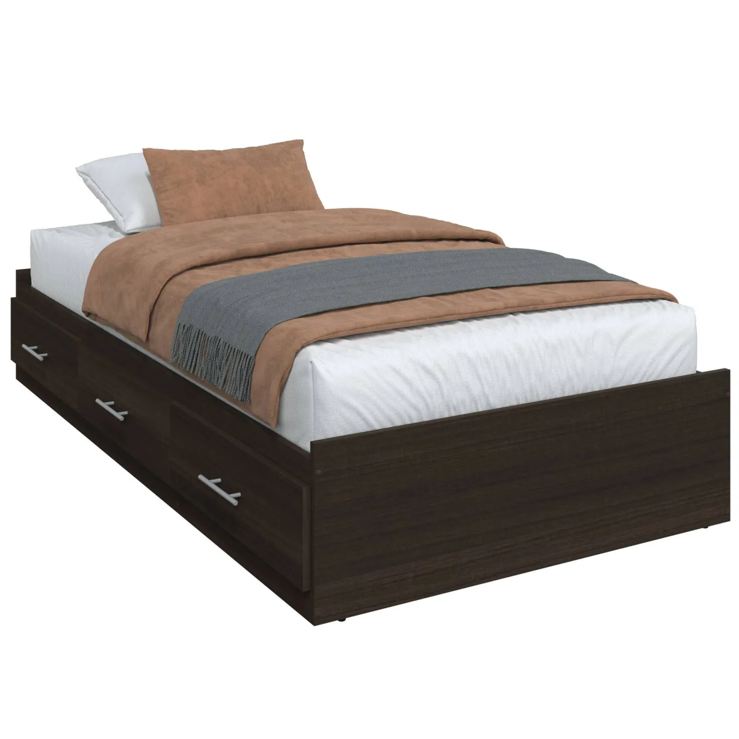 Ensemble lit simple avec rangement 3 tiroirs, tête de lit et commode (39")