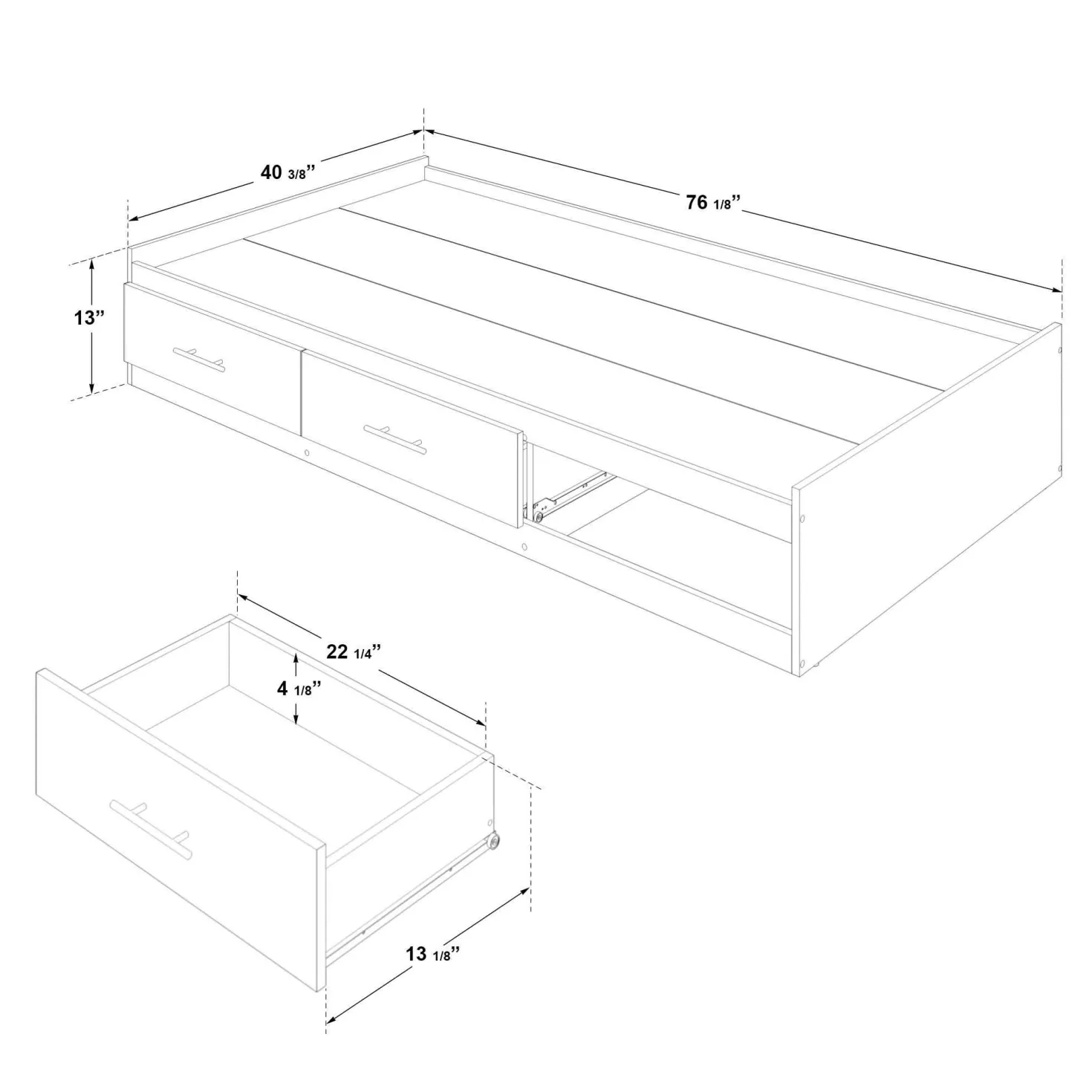 Ensemble lit simple avec rangement 3 tiroirs, tête de lit et commode (39")