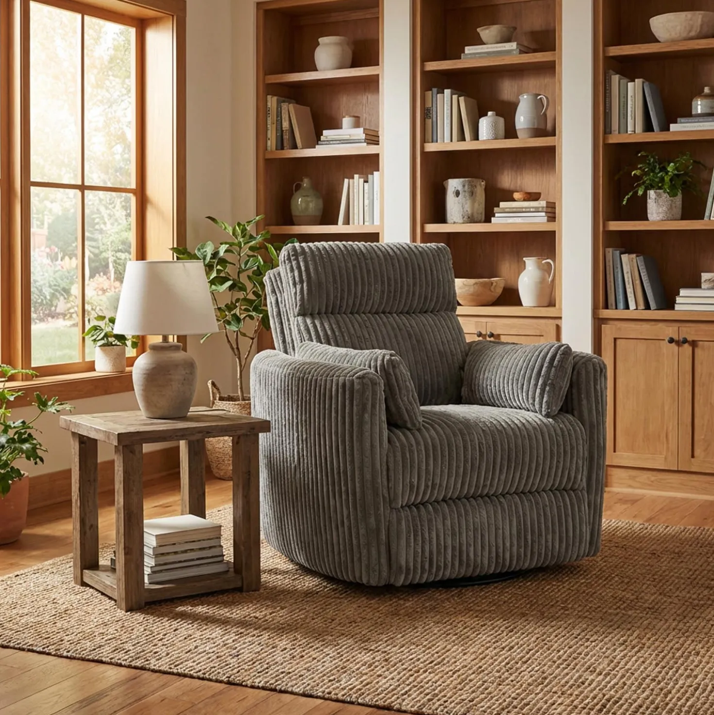 Fauteuil berçant pivotant inclinable en velours côtelé - gris