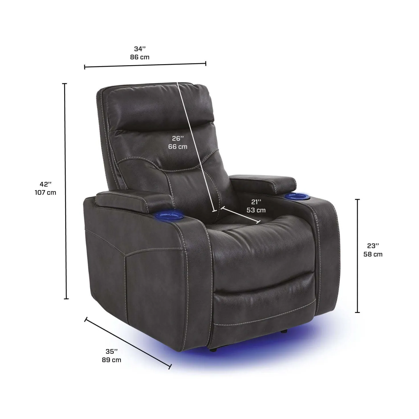 Fauteuil inclinable électrique avec rangement, porte-gobelets et éclairage DEL - gris
