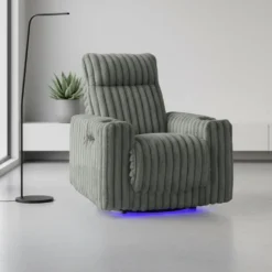 Fauteuil inclinable électrique berçant et pivotant en velours côtelé avec porte-gobelets et éclairage DEL - gris