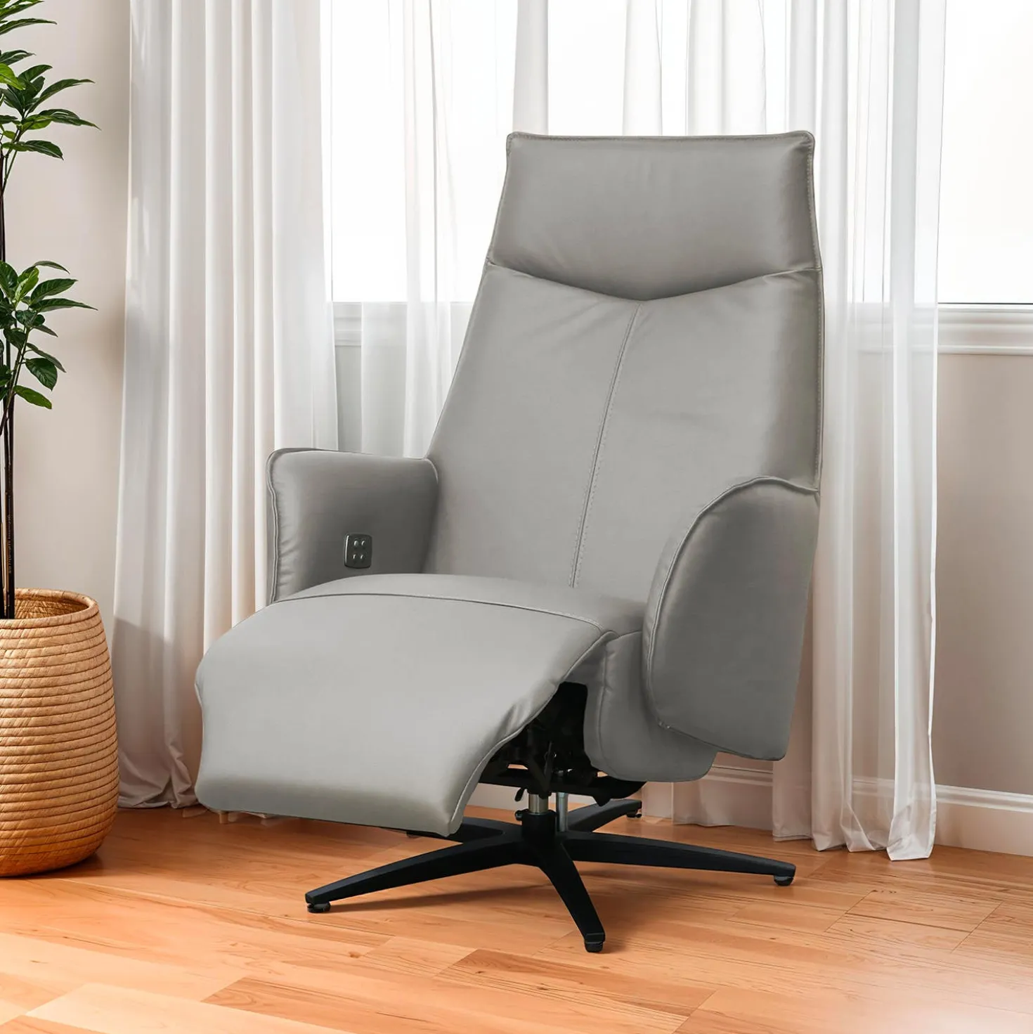 Fauteuil électrique inclinable et pivotant en cuir véritable - sable