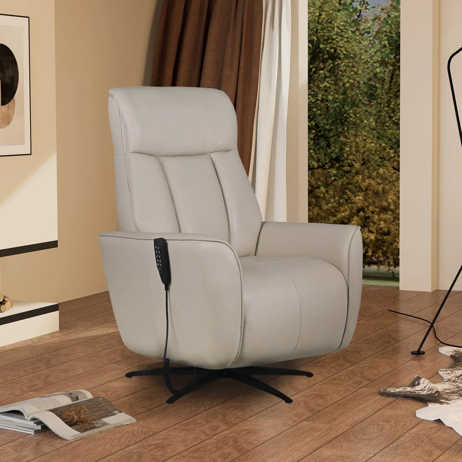 Fauteuil tout cuir électrique inclinable et pivotant 4 moteurs avec massage, haut-parleurs intégrés et lumières LED