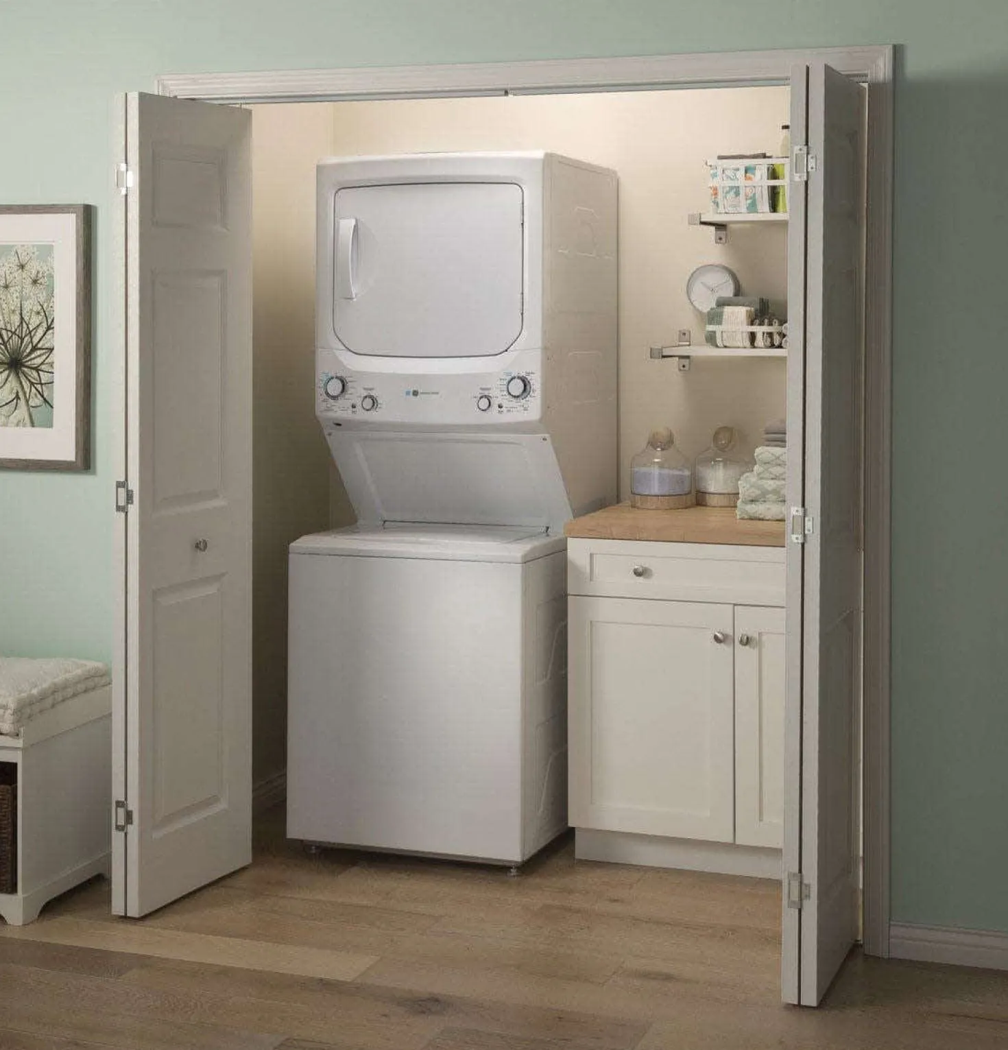 GE Laveuse et sécheuse superposées, Blanc, 27'', 800 RPM - GUD27EEMNWW