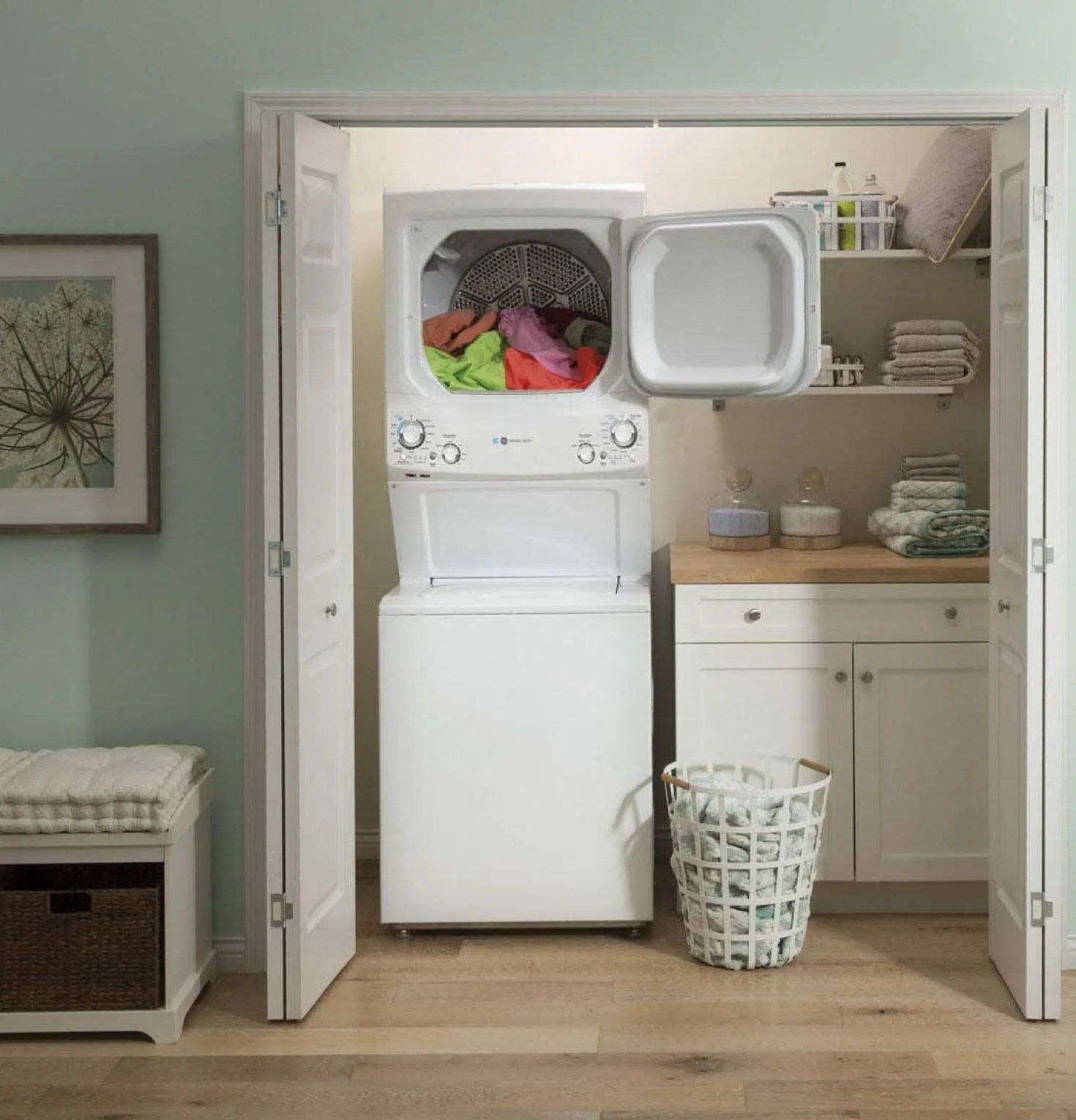 GE Laveuse et sécheuse superposées, Blanc, 27'', 800 RPM - GUD27EEMNWW