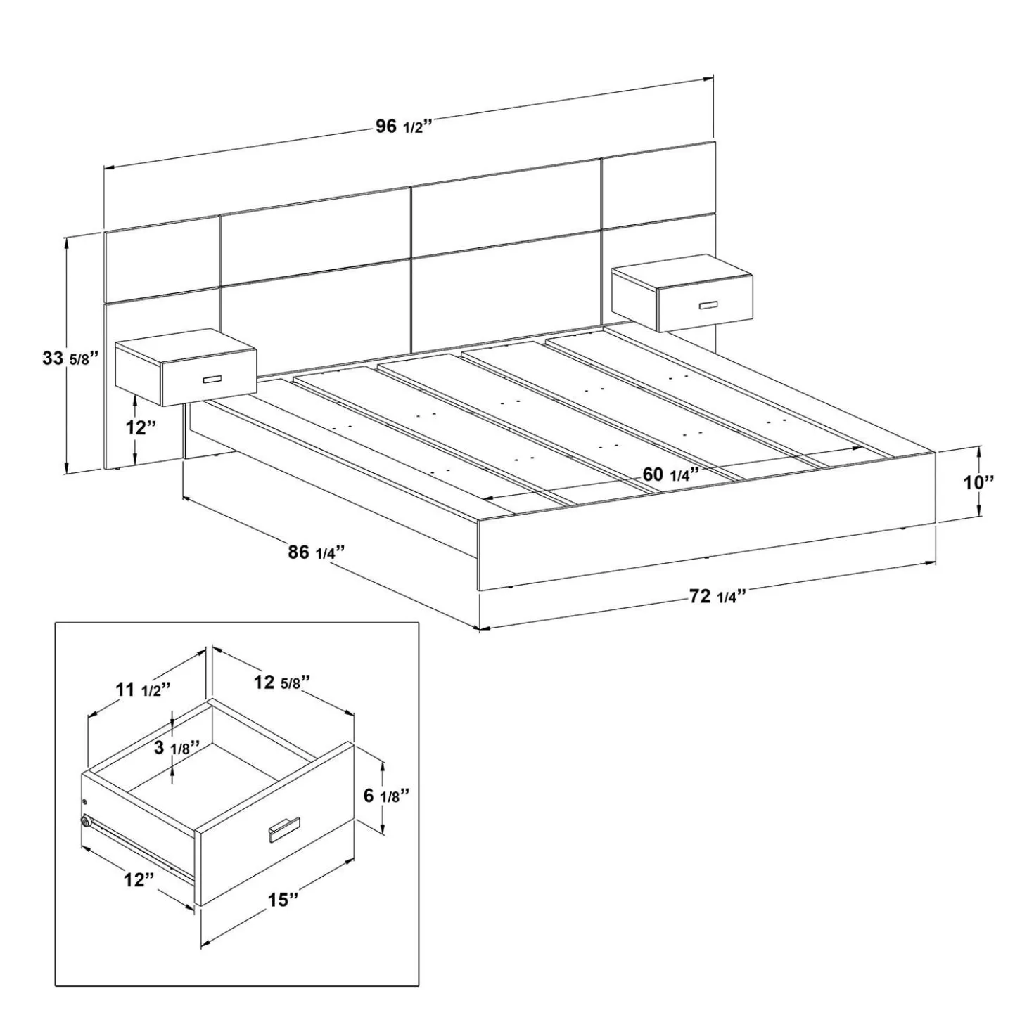 Grand lit avec panneaux et tables de chevet (60")