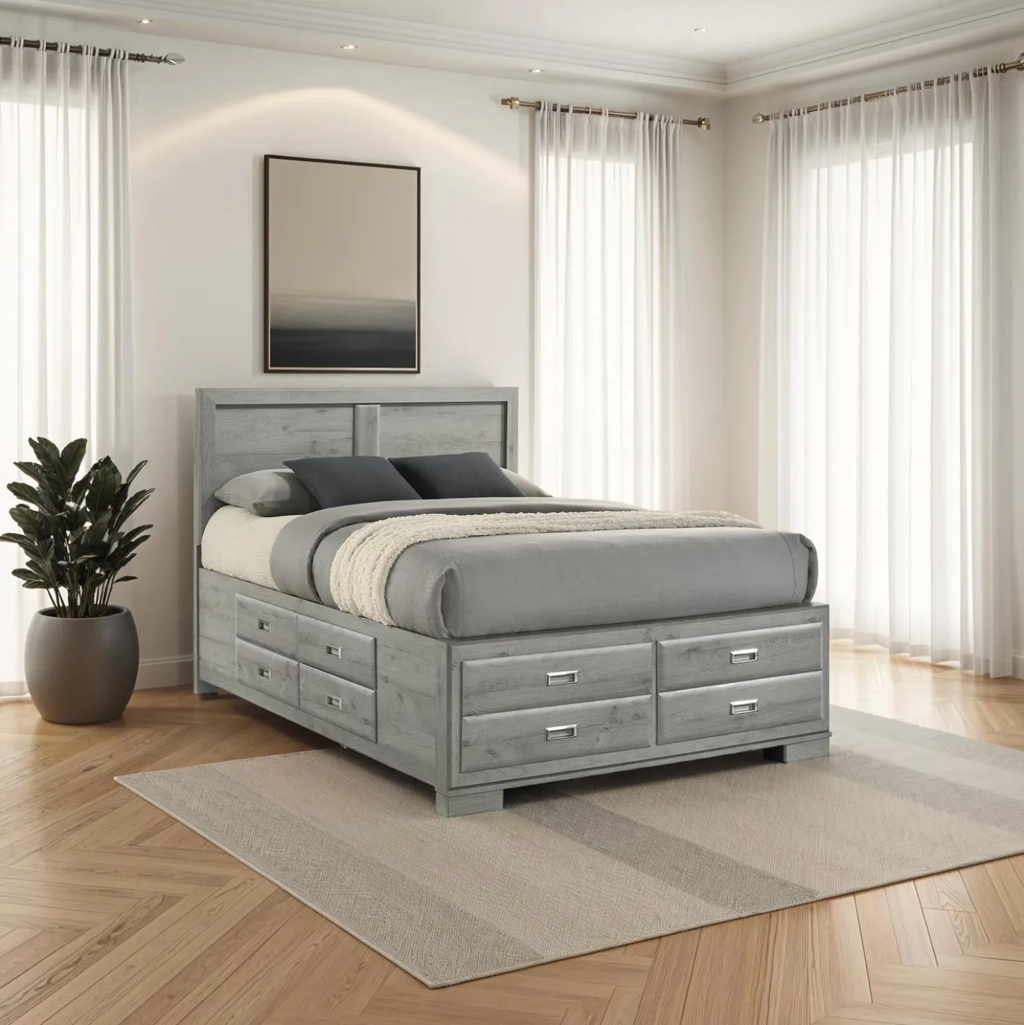 Grand lit avec rangement 10 tiroirs et tête de lit (60")