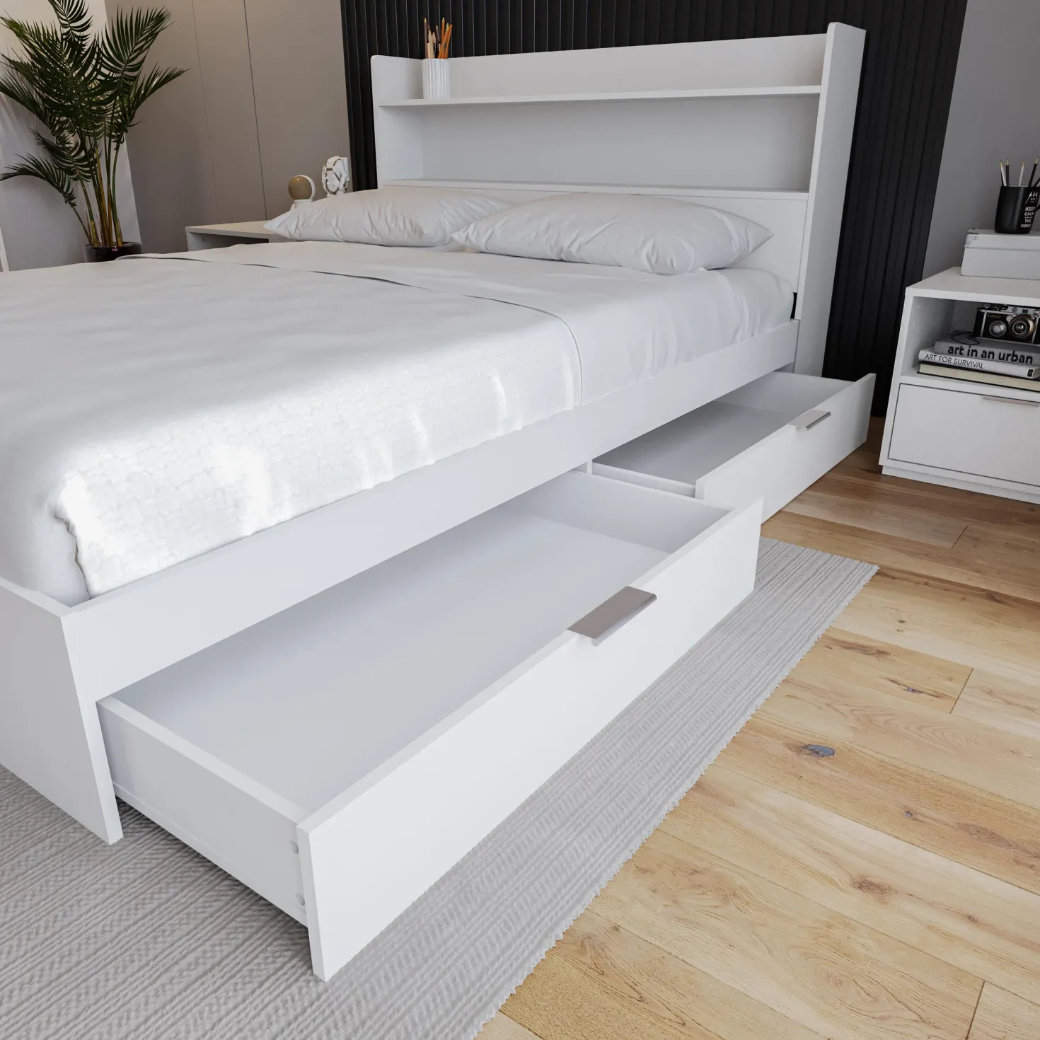 Grand lit avec rangement 2 tiroirs (60") - Nexera