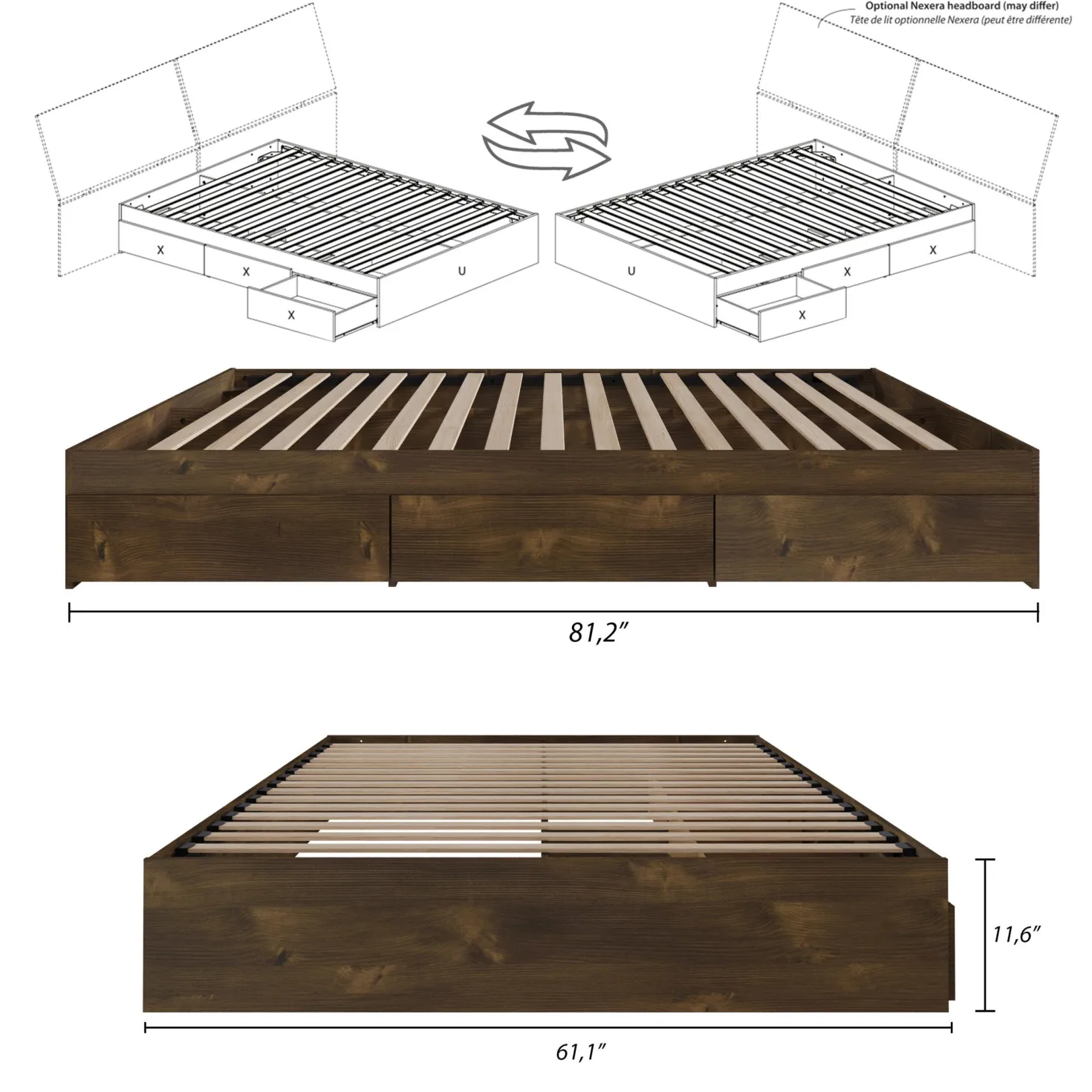 Grand lit avec rangement 3 tiroirs (60") - Nexera