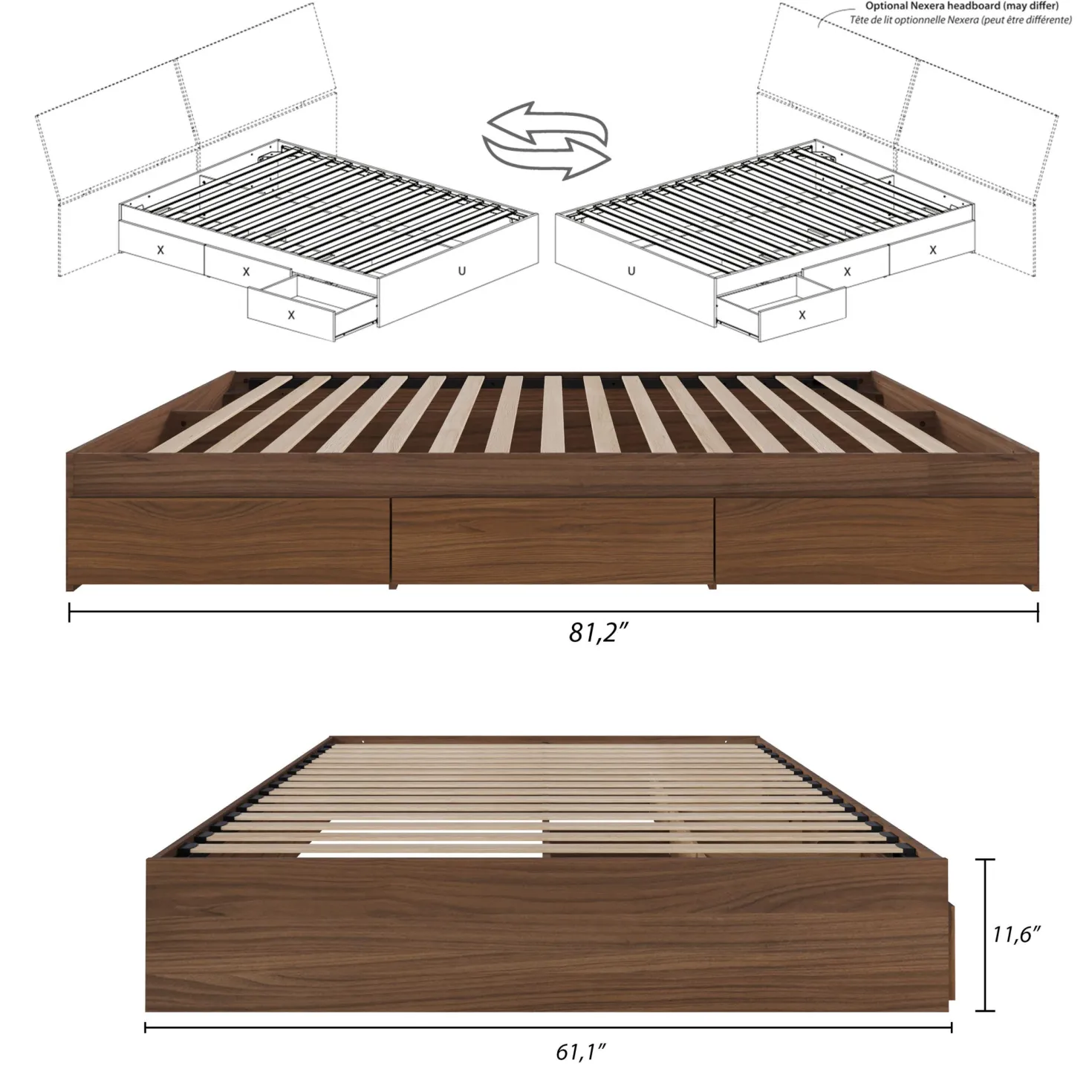 Grand lit avec rangement 3 tiroirs (60") - Nexera