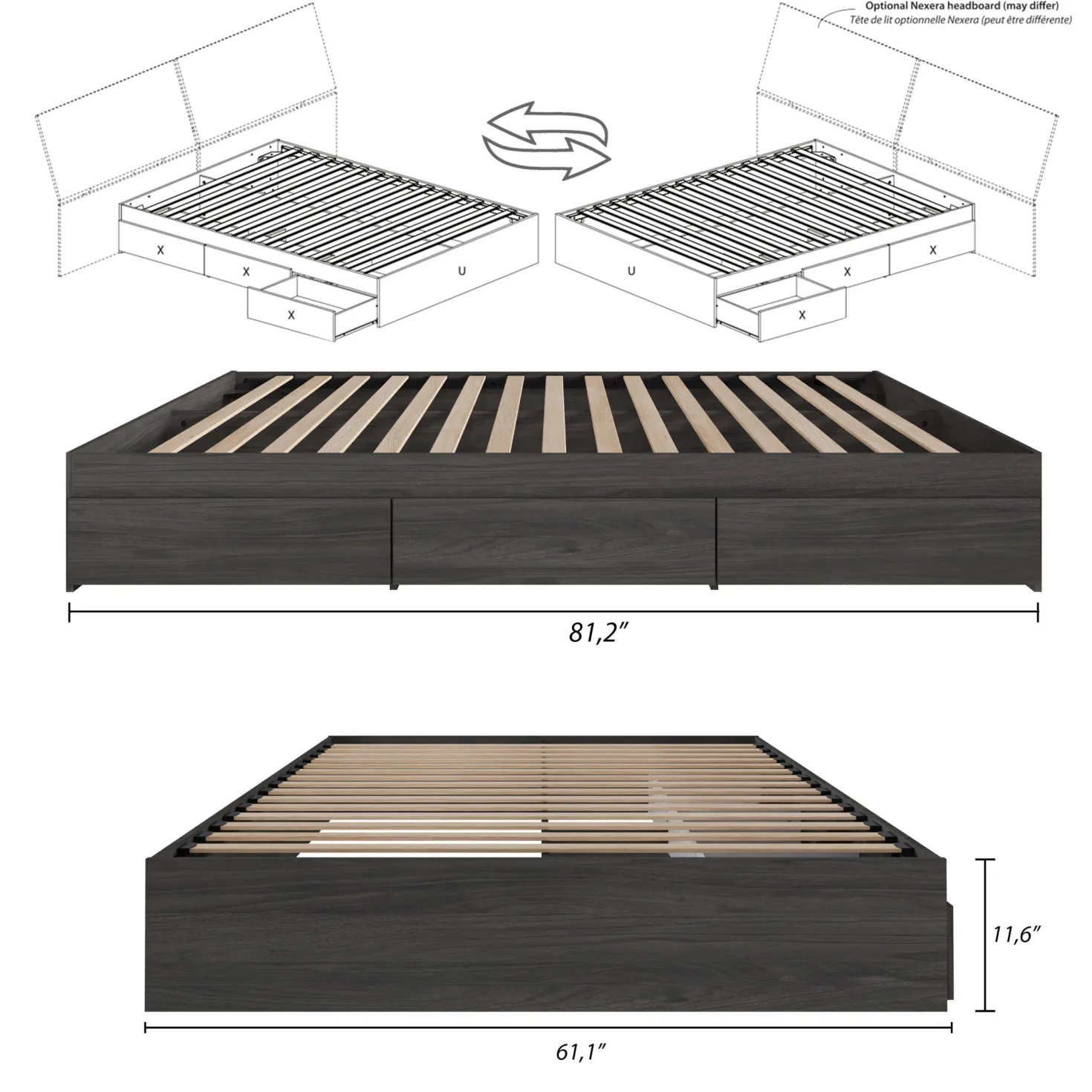 Grand lit avec rangement 3 tiroirs (60") - Nexera