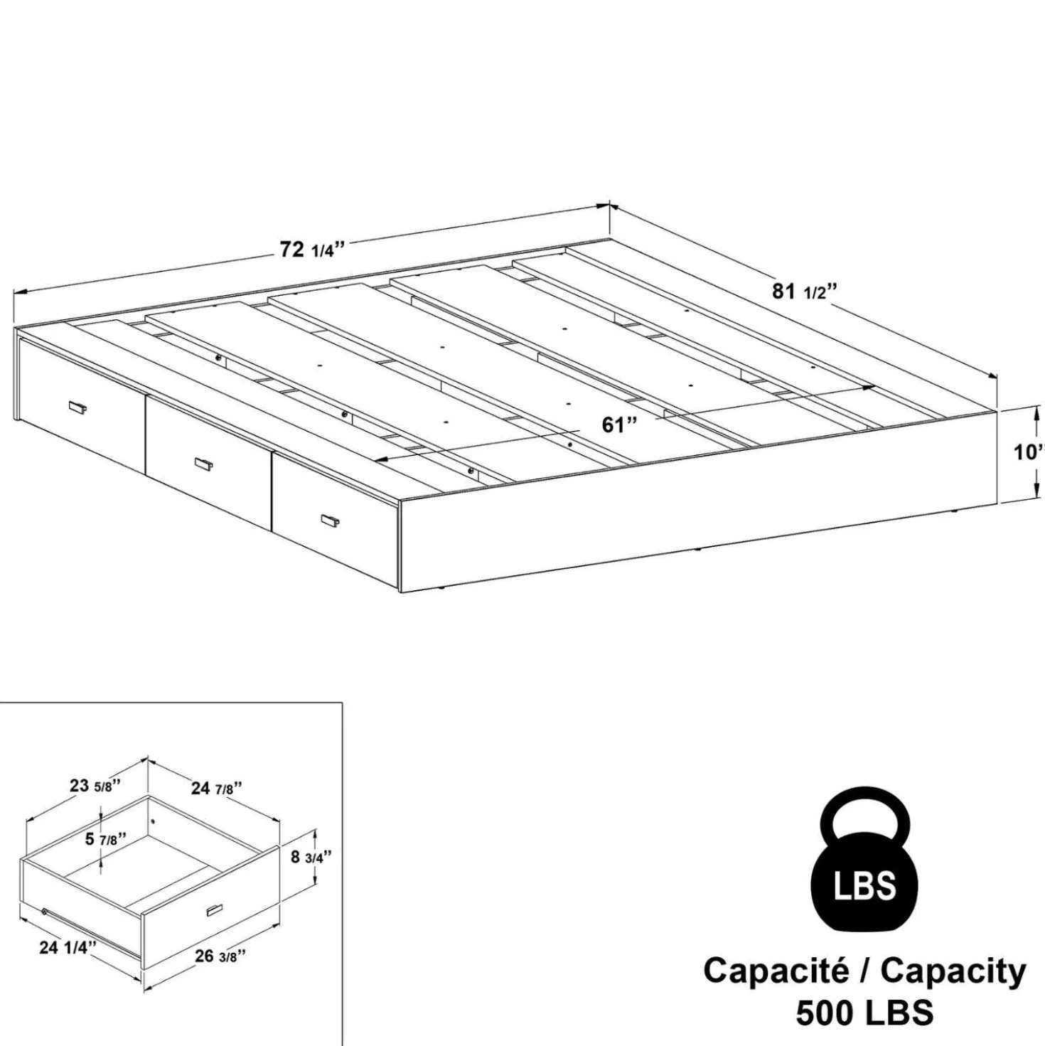 Grand lit plateforme avec rangement 6 tiroirs (60'')