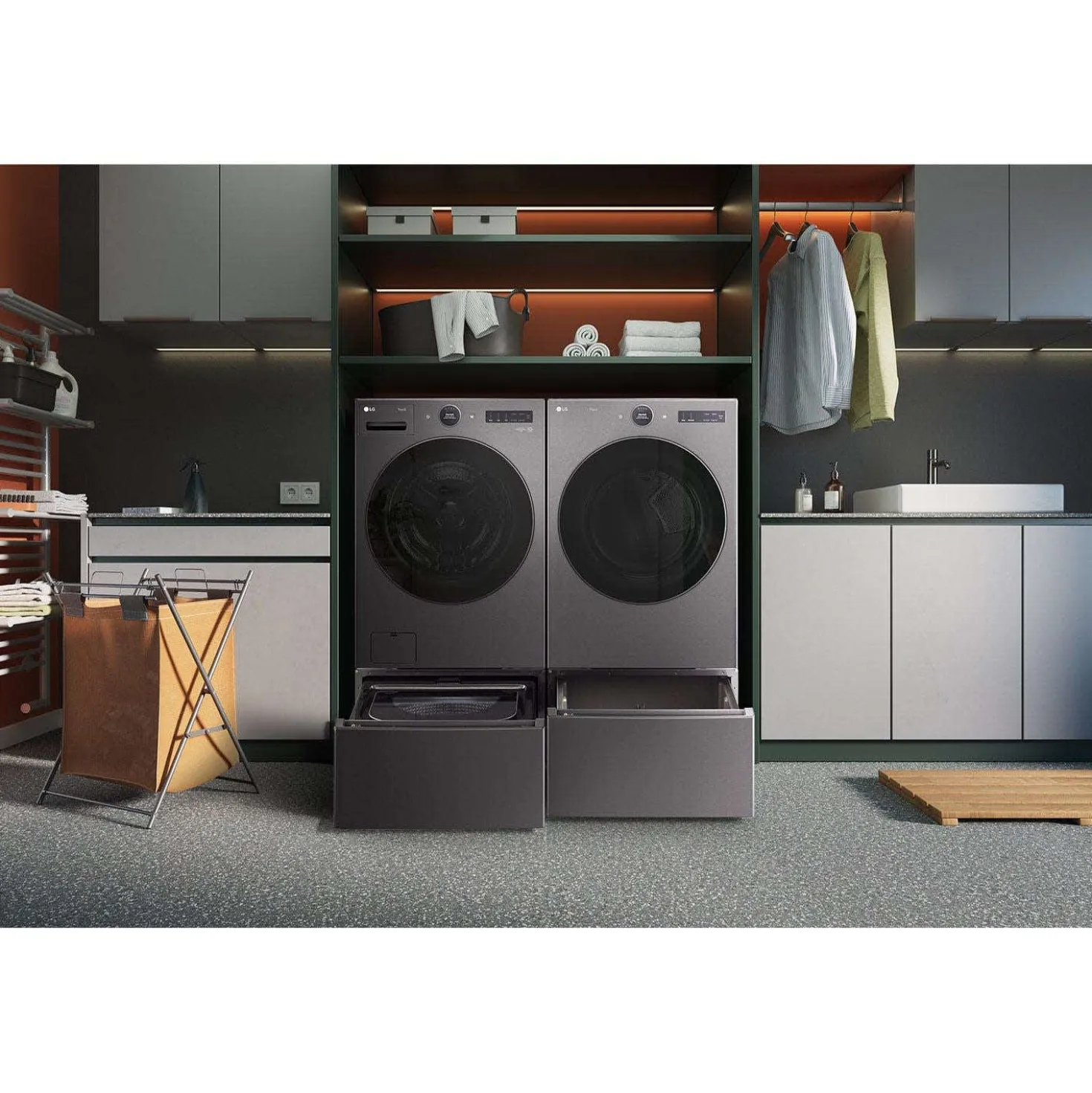 LG Ensemble laveuse sécheuse, Inox noir, Chargement frontal