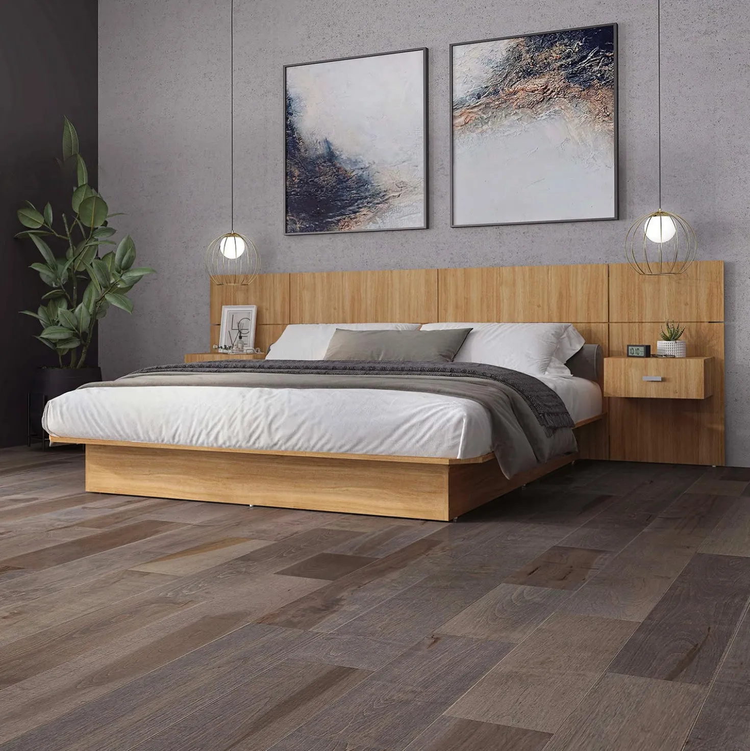 Lit double avec panneaux et tables de chevet (54")