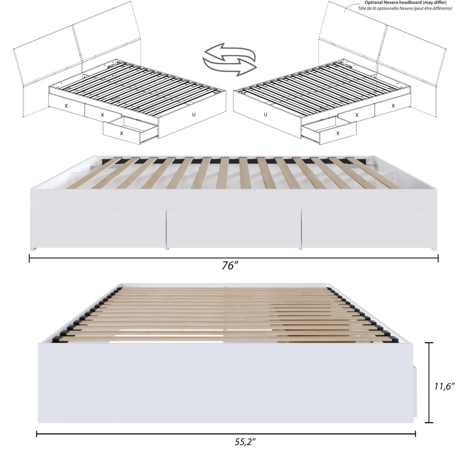 Lit double avec rangement 3 tiroirs (54") - Nexera